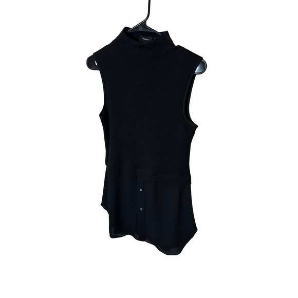 Theory Tops - Theory Womens Black Mixed Media Ribbed Mock Neck Sleeveless Chiffon Hem Top M
